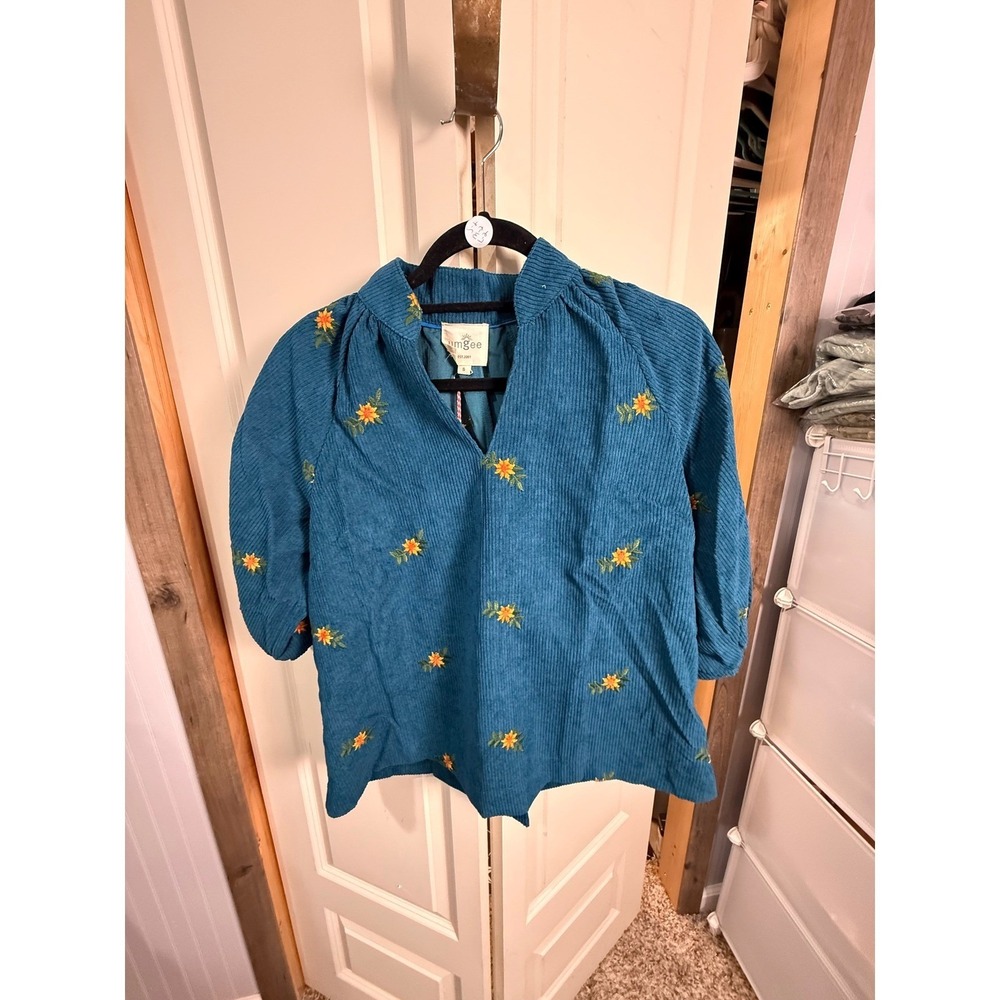 Umgee Teal Blue Corduroy Floral Embroidered Puff Sleeve Mock Neck Top NWT Large